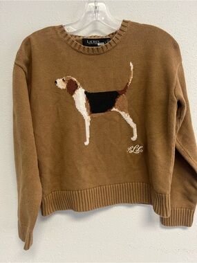 Lauren Ralph Lauren Camel Brown Crewneck Sweater with Dog Intarsia